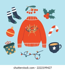 Set of winter elements. Collection of Christmas objects. Vector illustration. Flat style. Sweater,socks,holly,gift,Christmas toy.