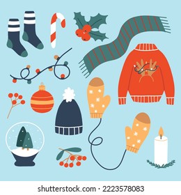 Set of winter elements. Collection of Christmas objects. Vector illustration. Flat style.Sweater,socks,holly,Christmas toy.