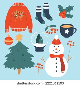Set of winter elements. Collection of winter objects. Sweater, snowman, Christmas tree, socks. Vector illustration. Christmas decor. Flat style.