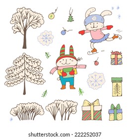 Set of winter elements for design. Cartoon hares, trees and gifts. Vector illustration. 