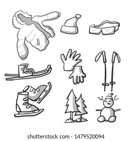 set of winter elements doodle