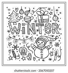 A set of winter elements in the doodle style. Hand-drawn illustration in a square frame. Happy New Year 2022. Merry Christmas.