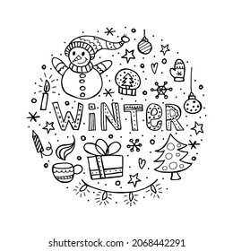 A set of winter elements in the doodle style. Hand-drawn illustration in the shape of a ball. Happy New Year 2022. Merry Christmas.