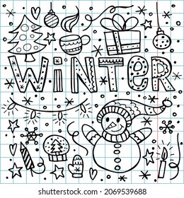 A set of winter elements in the doodle style. A hand-drawn illustration on the background of a checkered notebook. Happy New Year 2022. Merry Christmas.