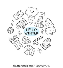 set of winter elements isolated on white background, hand-drawing.