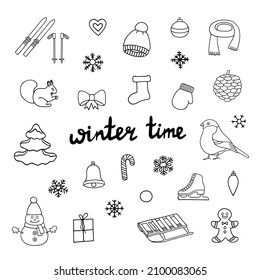 Set of winter elements on a white background. Vector illustration. Outline drawing.