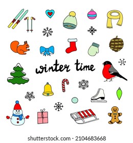 Set of winter elements on a white background. Vector illustration.