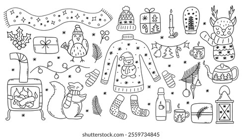 Set of winter elements on white background. Sweater and hat, mittens and warm socks, scarf and garlands, stove and hot tea, animals. Black and white vector isolated illustration hand drawn doodle
