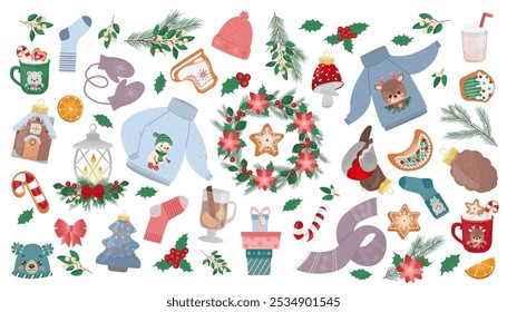 Set with winter elements - scarf, sweater, mittens, Christmas tree decorations, cookies, mulled wine and cocoa vector illustration. Winter wind illustration. For cards, invitations, posters, textiles