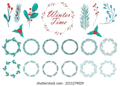 Set of winter elements spruce branches, red berries, eucalyptus. Botanical illustration for the design of Christmas stickers, postcards, banners, emblems, invitations. Celebrating the new year 2023