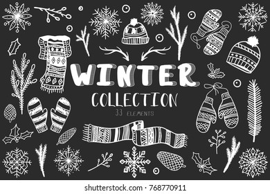 Set of winter elements such as scarves mittens hets brunches and many more