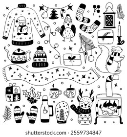 Set of winter elements. Sweater and hat, mittens and warm socks, scarf and garlands, stove and hot tea, animals. Black and white vector isolated illustration hand drawn doodle collection