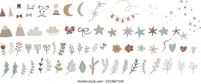 set of winter elements vector illustration for design, print, pattern, isolated on white background 