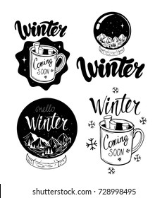 Set of winter emblems with hand drawn lettering, hats, mitens, snow globe,hot chocolate