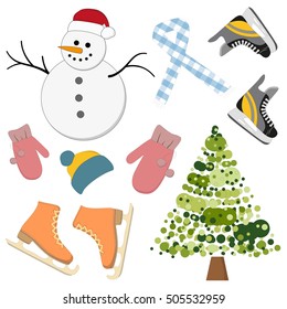 set of winter entertainments - Christmas tree, skating, snowman