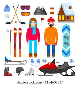 Set of winter equipment, man and woman on white background