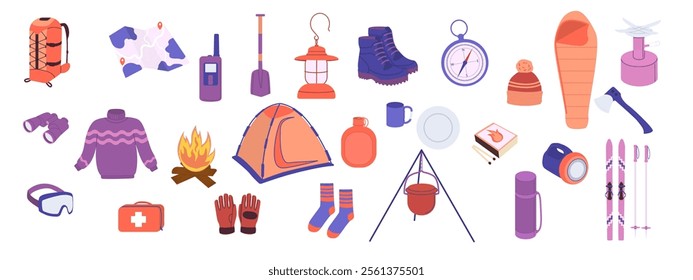 A set of winter equipment for traveling. Collection for active winter vacation in mountains. Winter vector items for tourism including hiking skis, hiking boots, shovel, binoculars, sweater, thermos