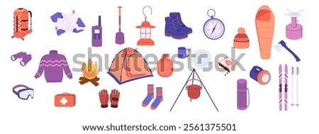 A set of winter equipment for traveling. Collection for active winter vacation in mountains. Winter vector items for tourism including hiking skis, hiking boots, shovel, binoculars, sweater, thermos