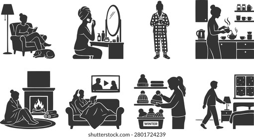 Set of winter evening routine icons showing reading relaxing skincare morning prep hot tea and home comfort activities