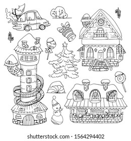 Set of winter fairytale houses with elements of New Year celebration symbols. Contour image. For stickers or coloring books