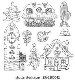 Set of winter fairytale houses with elements of New Year celebration symbols. Contour image. For stickers or coloring books