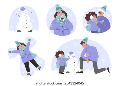 Set of winter family holiday characters enjoying seasonal activities