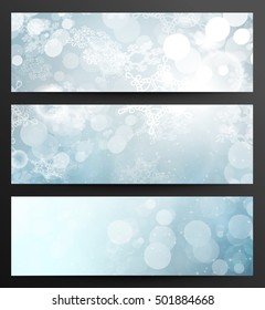 Set Of Winter Festive Abstract Snowflakes Blue Banners With Light