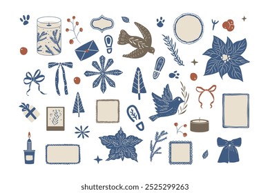 Set of Winter festive elements. Christmas-themed poinsettias, doves, candles, gifts and frames. Vector hand drawn collection illustration isolated on white background.