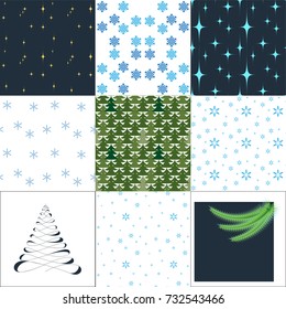 Set of winter festive seamless patterns. Backgrounds with scattered snowflakes and a New Year tree for a family holiday. Winter seasonal wrapping paper, fabric, textiles, wallpaper design.