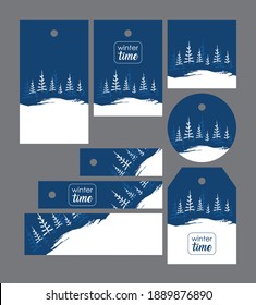 set winter firs on a blue background: 
eight tags different shapes with a white forest and snow pattern