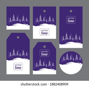 set winter firs on a purple background: 
six tags different shapes with a white forest and snow pattern