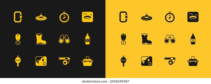 Set Winter fishing, Location, Binoculars, Fishing rod, boots, Compass, Carabiner and float water icon. Vector
