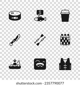 Set Winter fishing, Fishing net pattern, jacket, Oars or paddles boat, bucket, Canned, Price tag for and Knife icon. Vector