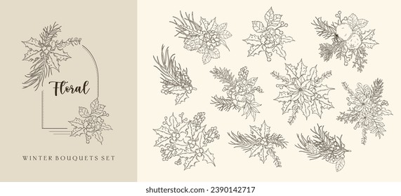 Set of winter floral botanical black line art bouquets. Christmas poinsettia, pine cones, fir branches, leaves line art hand drawn arrangements frame, wreath. Vector illustration for invitation card