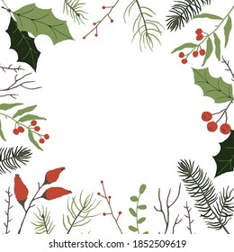 Conjunto de elementos de decoración floral de invierno con pino, hojas, bayas y abeto. Estilo dibujado a mano. Ilustración vectorial para el diseño de adornos de invierno.