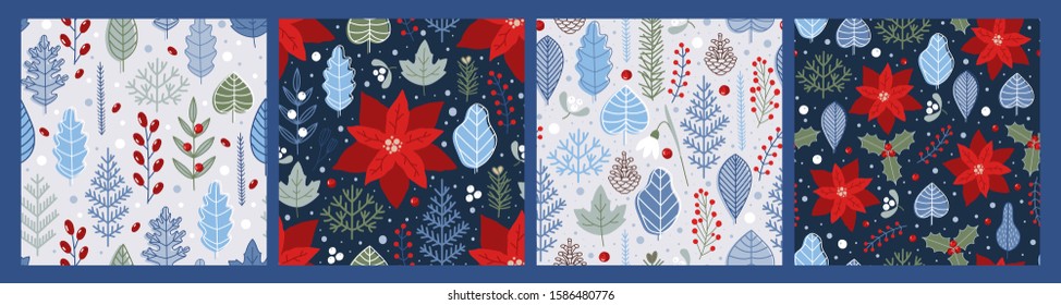 Set of winter floral seamless patterns.