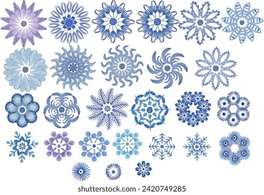 Set of winter flowers and snowflakes painted by hand in aquarelle technique