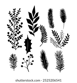 Set of winter foliage silhouettes including holly, pinecones, and berries. detailed collection of winter foliage silhouettes featuring holly