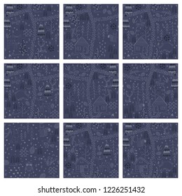Set of Winter forest background with animals and trees. Seamless pattern