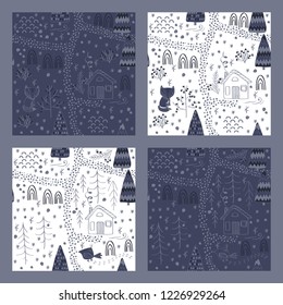 Set of Winter forest background with animals and trees. Seamless pattern