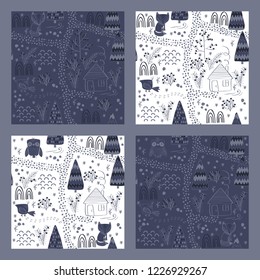 Set of Winter forest background with animals and trees. Seamless pattern
