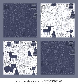 Set of Winter forest background with animals and trees. Seamless pattern