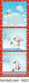 Set of winter forest with birds