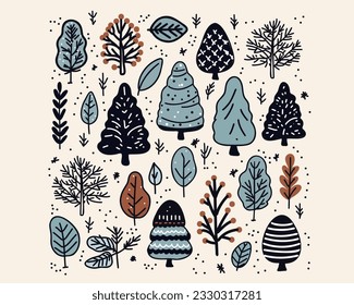 set with winter forest fir trees, trees and leaves, doodle vector for wrapping paper, wallpaper, textile, fabric