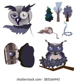 Set of winter forest. Funny character cartoon owl. Owl, mouse, snake, trees, nest,  hollow. The symbol of reason, knowledge, wisdom. Vector illustration. Isolated on white background.