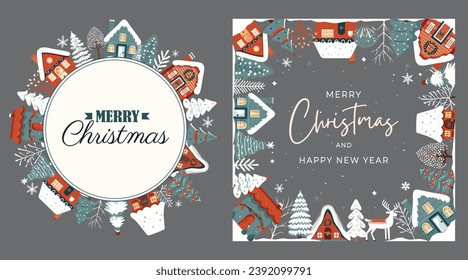 Set winter frames, card with scandi houses, trees. Concept christmas and New Year. Winter ornament poster