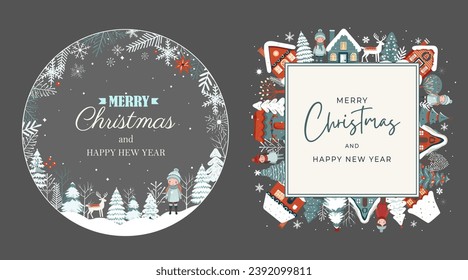 Set winter frames, card with scandi houses, trees. Concept christmas and New Year. Winter ornament poster