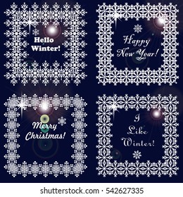 Set of winter frames from snowflakes. White cadres on dark blue background with glare. Vector illustration