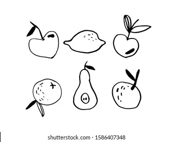 Set winter fruits apples, pear, tangerines, lemon isolated on white background in doodle style. Vector hand drawn illustration. Outline cute stock sketch.Healthy kids fortified food.Design print, logo.
