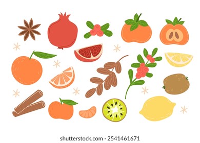 Set of winter fruits with spices